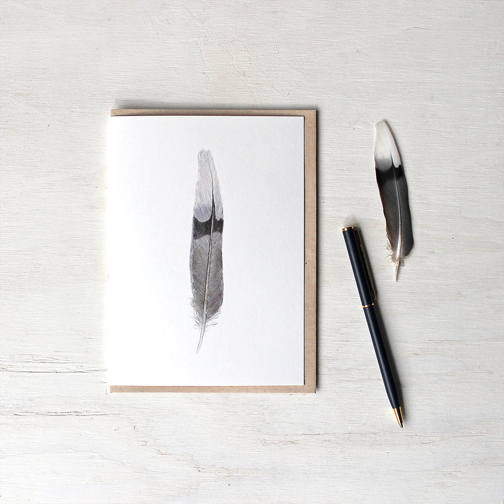 Note card featuring a watercolour painting of a black, grey and white mourning dove feather. Artist Kathleen Maunder.