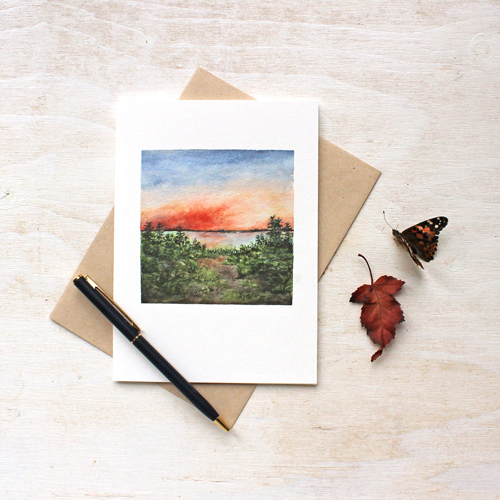 Sunset Note Cards - Watercolor of a rich orange sunset against a blue sky. Muskoka region of Canada. Painting by Kathleen Maunder of Trowel and Paintbrush