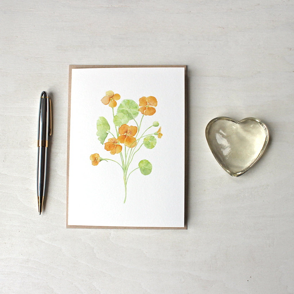 Orange nasturtium blank note cards based on a watercolor painting by Kathleen Maunder