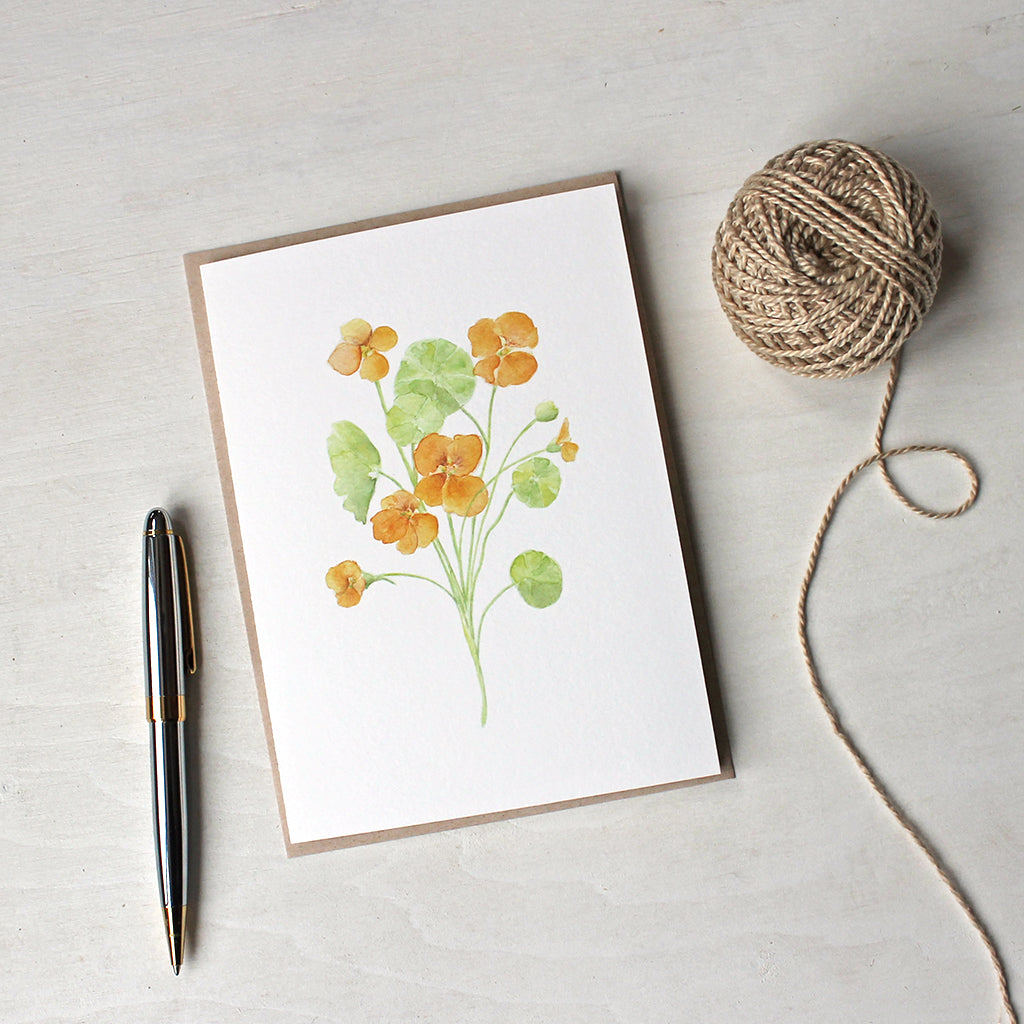 Note card featuring a watercolor painting of nasturtiums by Kathleen Maunder