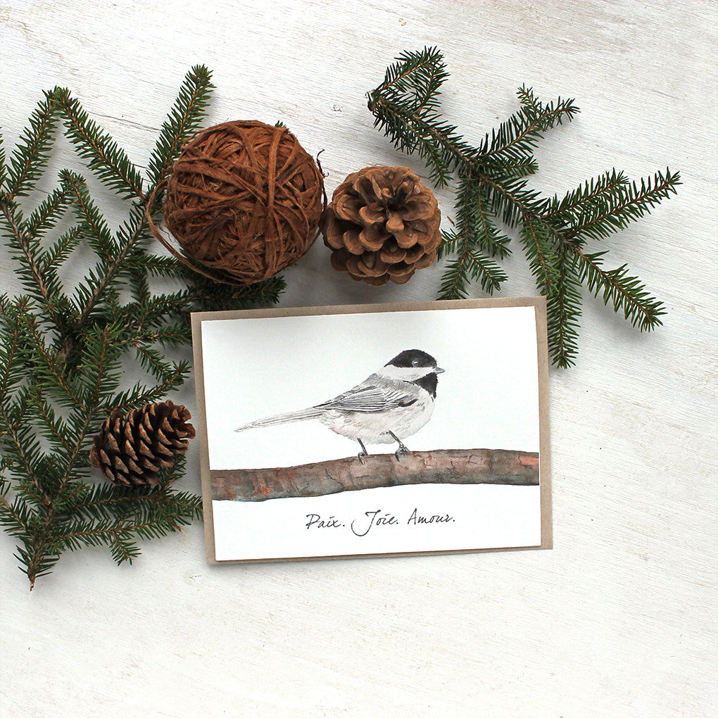 Cartes de voeux avec mésange à tête noire en aquarelle avec le message 'Paix Joie Amour'
