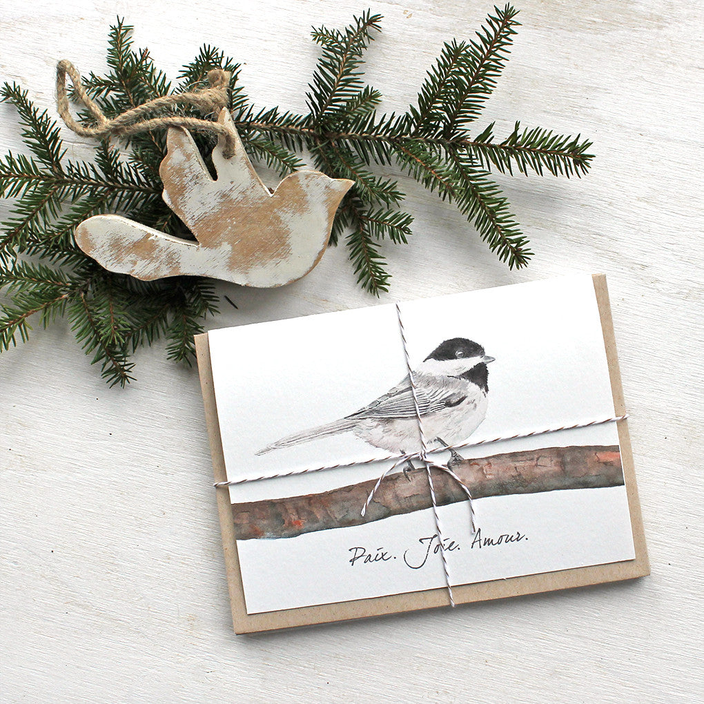 Ensemble de cartes de voeux avec mésange à tête noire avec le message 'Paix Joie Amour'