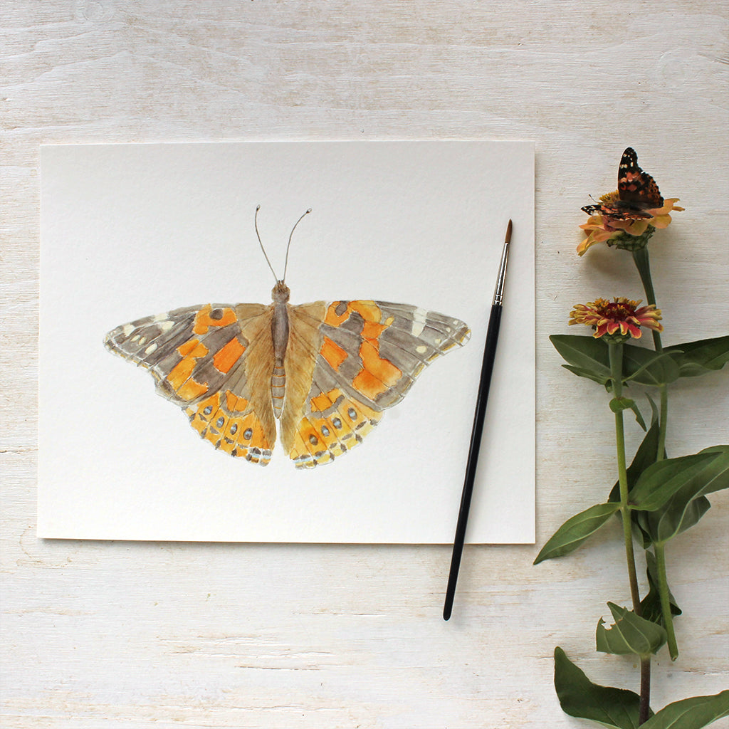 Watercolor of painted lady butterfly by Kathleen Maunder, available as a print