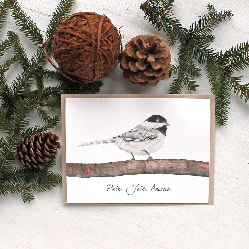 Cartes de voeux avec mésange à tête noire en aquarelle avec le message 'Paix Joie Amour'