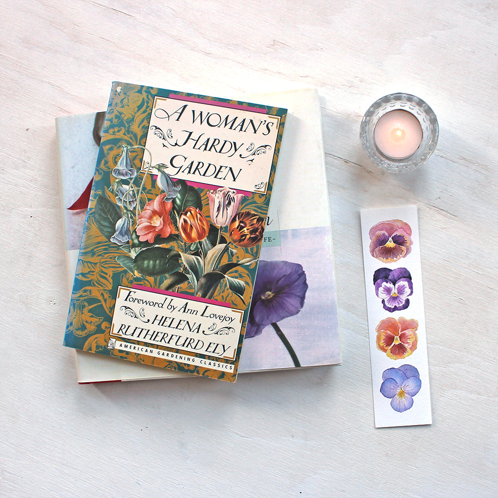 Bookmark featuring four pansy blossoms - art by watercolor artist Kathleen Maunder 