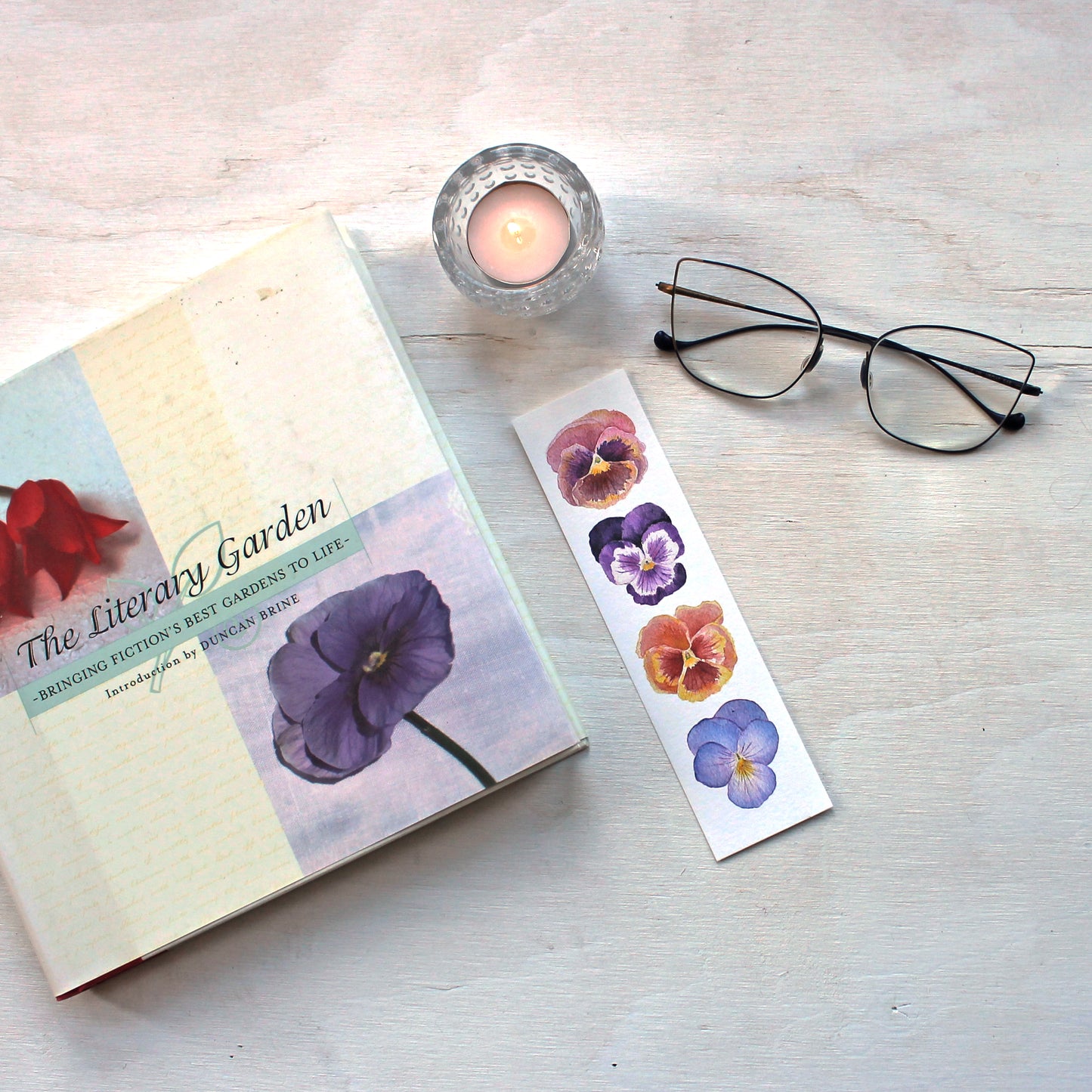 Pansies bookmark featuring watercolors by Kathleen Maunder