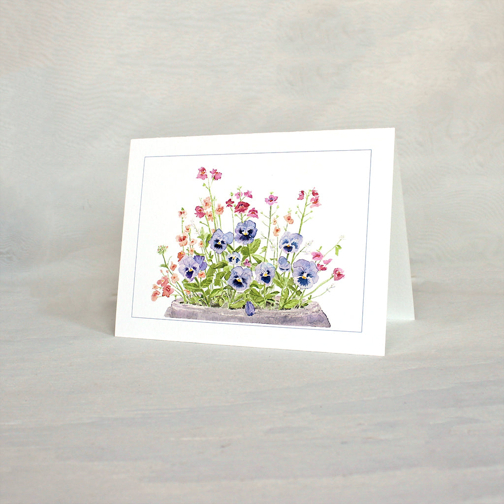 Pansies in a pot - note cards featuring a watercolor painting by Kathleen Maunder