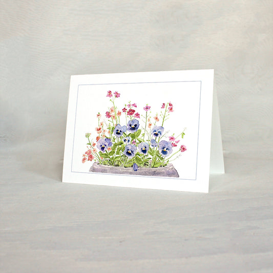 Pansies in a pot - note cards featuring a watercolor painting by Kathleen Maunder