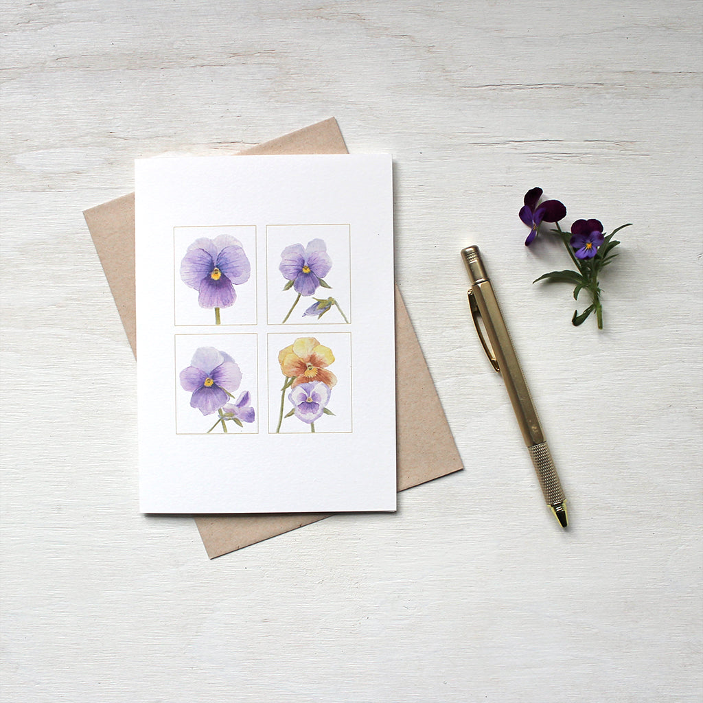 A quartet of pansy images painted in watercolor and featured on notecards. Artist Kathleen Maunder.
