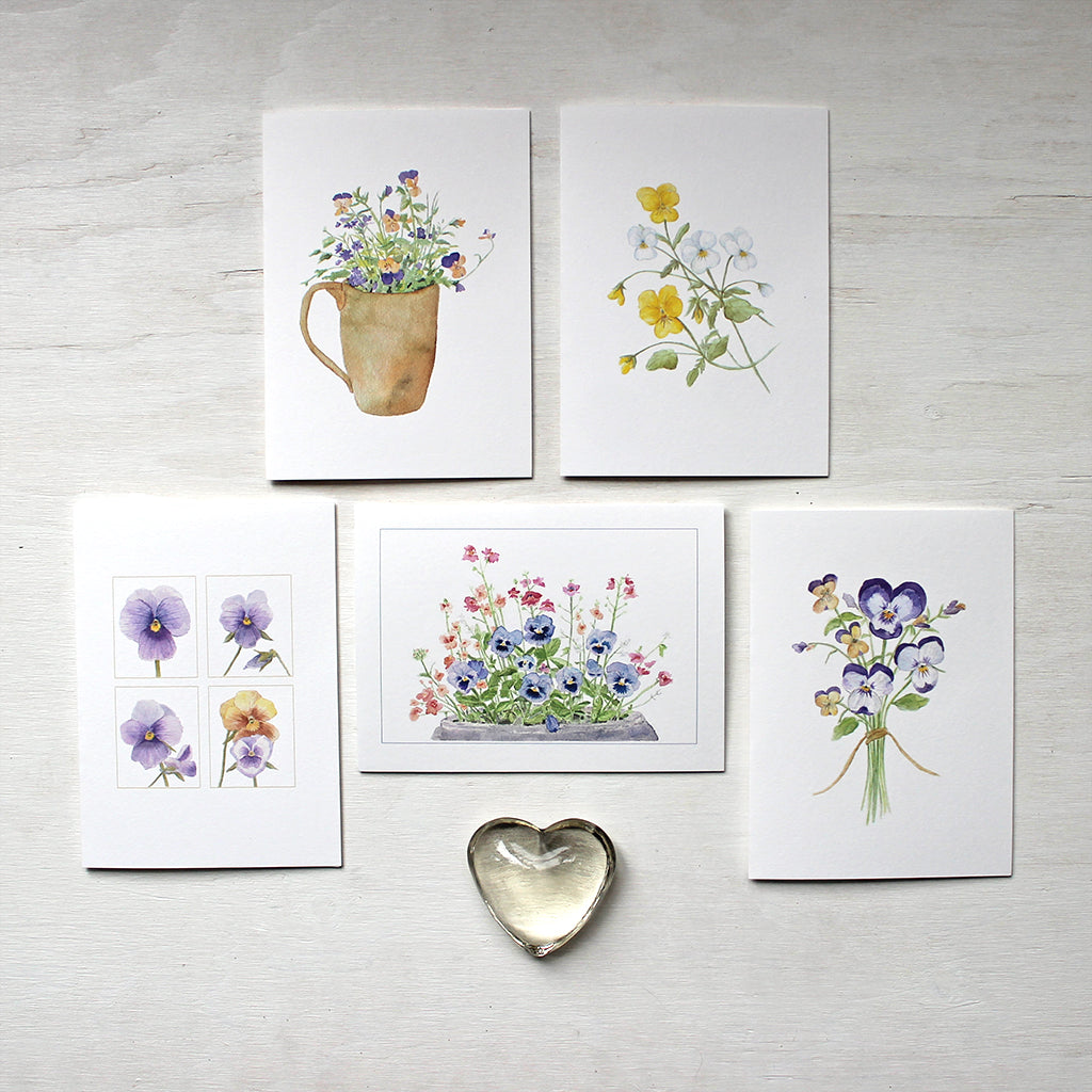 Set of five notecards with assorted watercolor paintings of pansies and violas by artist Kathleen Maunder.