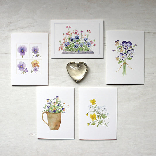 Assortment of five notecards with watercolor paintings of pansies and violas by artist Kathleen Maunder.