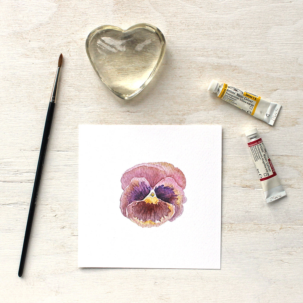 Print of a lovely watercolor painting of a burgundy red and purple pansy by artist Kathleen Maunder.