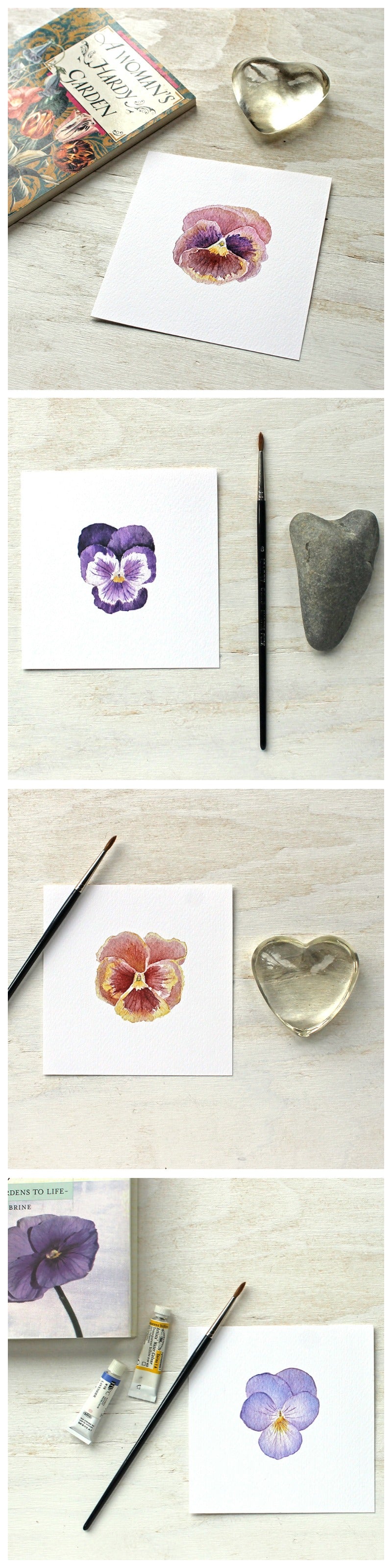 A set of four pansy blossom art prints. Watercolor paintings by Kathleen Maunder.
