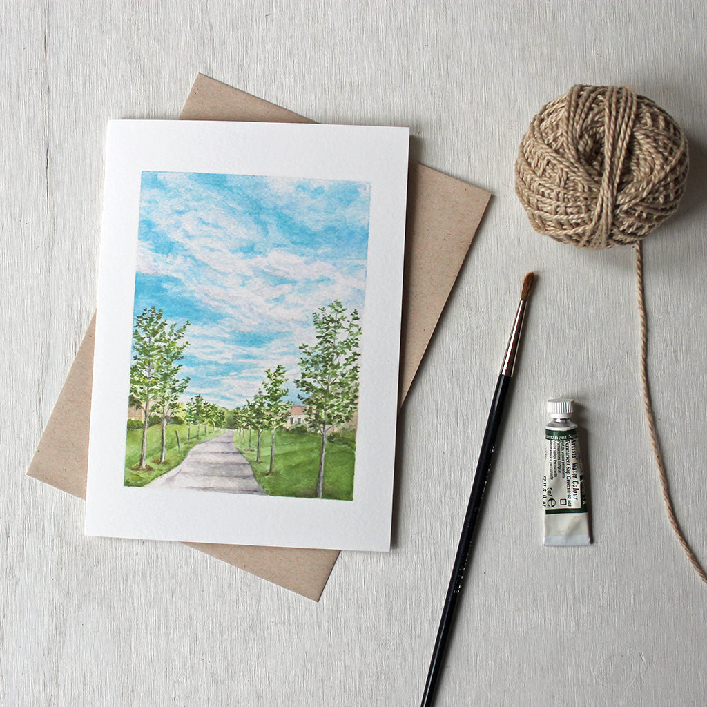 Note cards featuring a landscape painting of a pathway by watercolour artist Kathleen Maunder