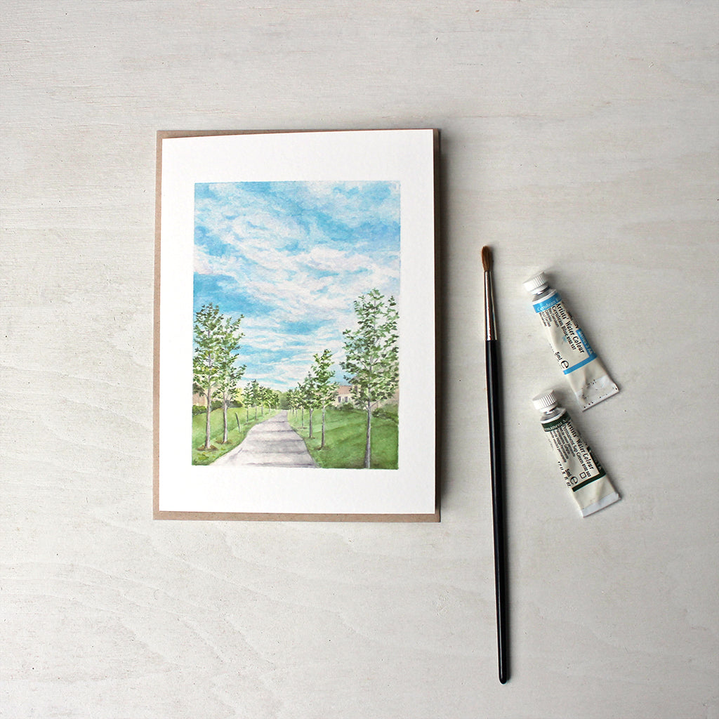 Pathway Note Card by watercolor artist Kathleen Maunder. Featuring a landscape scene from Boucherville Quebec.