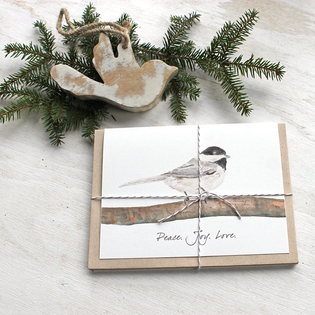 Chickadee holiday cards with 'Peace Joy Love' greeting by watercolor artist Kathleen Maunder