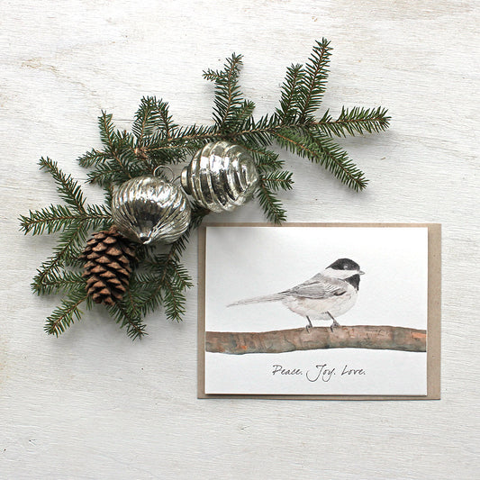 Watercolor cards with chickadee and 'Peace Joy Love' holiday greeting