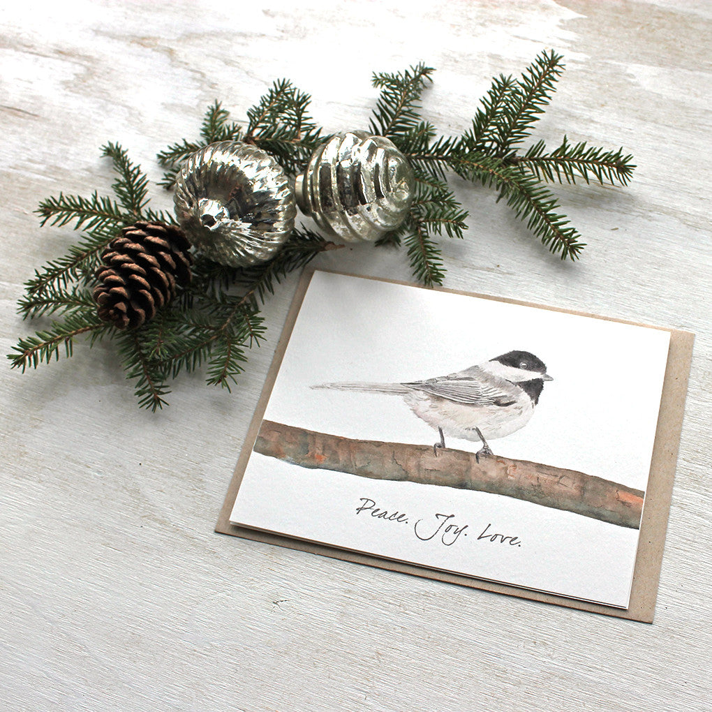 Watercolor cards with chickadee and 'Peace Joy Love' message by Kathleen Maunder