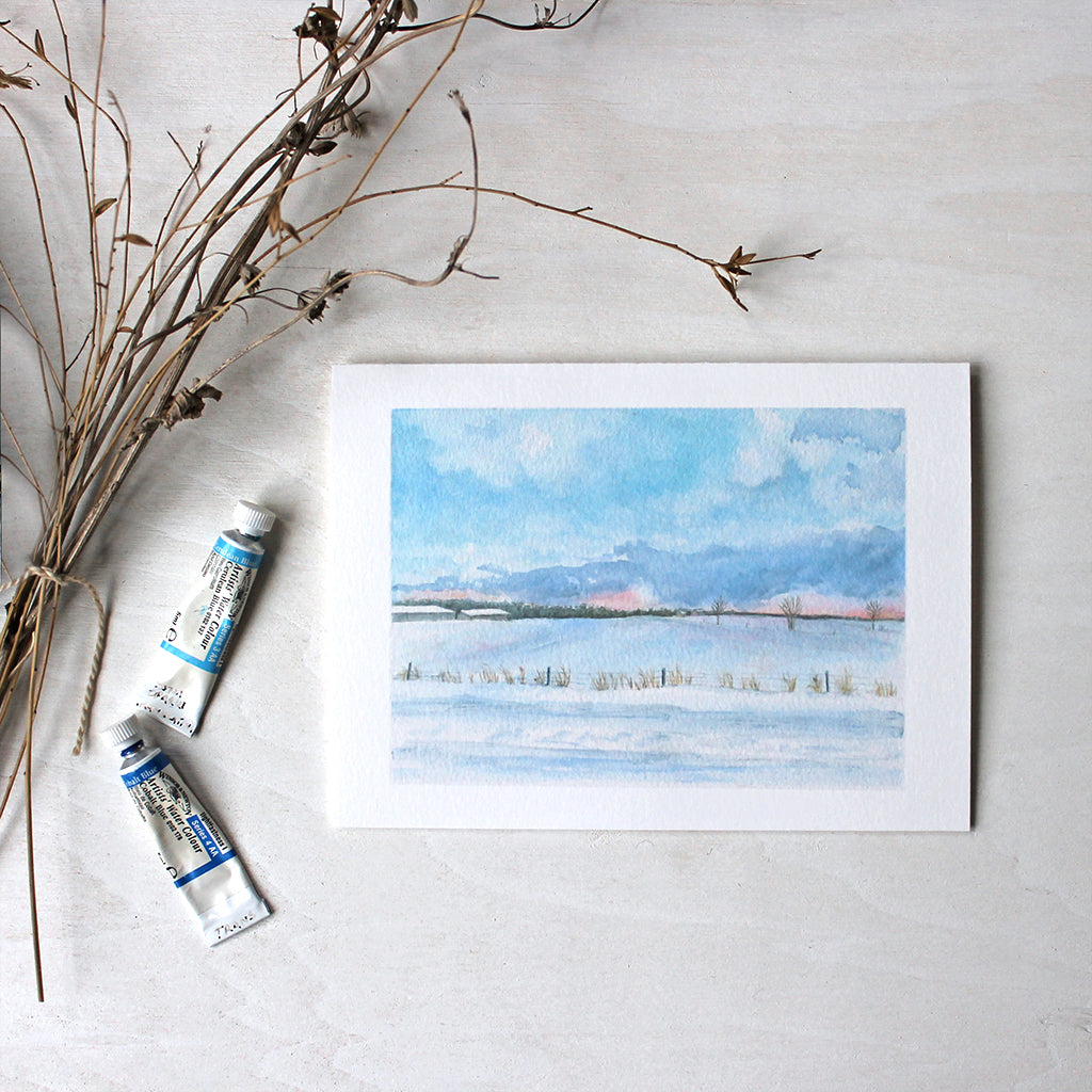 Peaceful Winter Landscape Note Cards - Watercolor painting by Kathleen Maunder