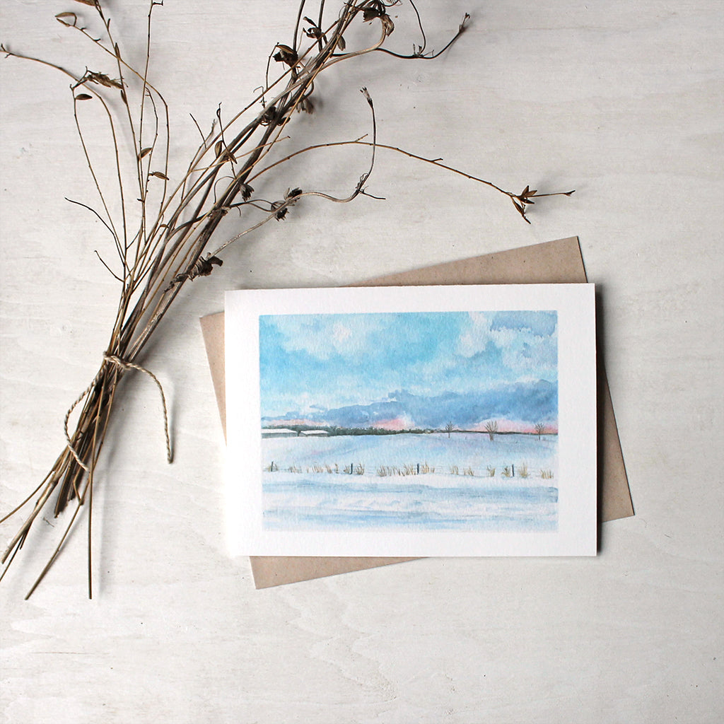 Peaceful Snowy Winter Landscape Note Cards - Watercolor painting by Kathleen Maunder