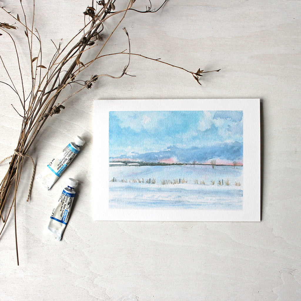 Peaceful Winter Landscape Note Cards - Watercolor painting by Kathleen Maunder