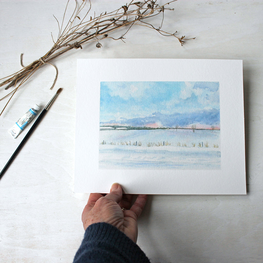 Peaceful Winter Landscape - 8 x 10 print - Watercolour by Kathleen Maunder