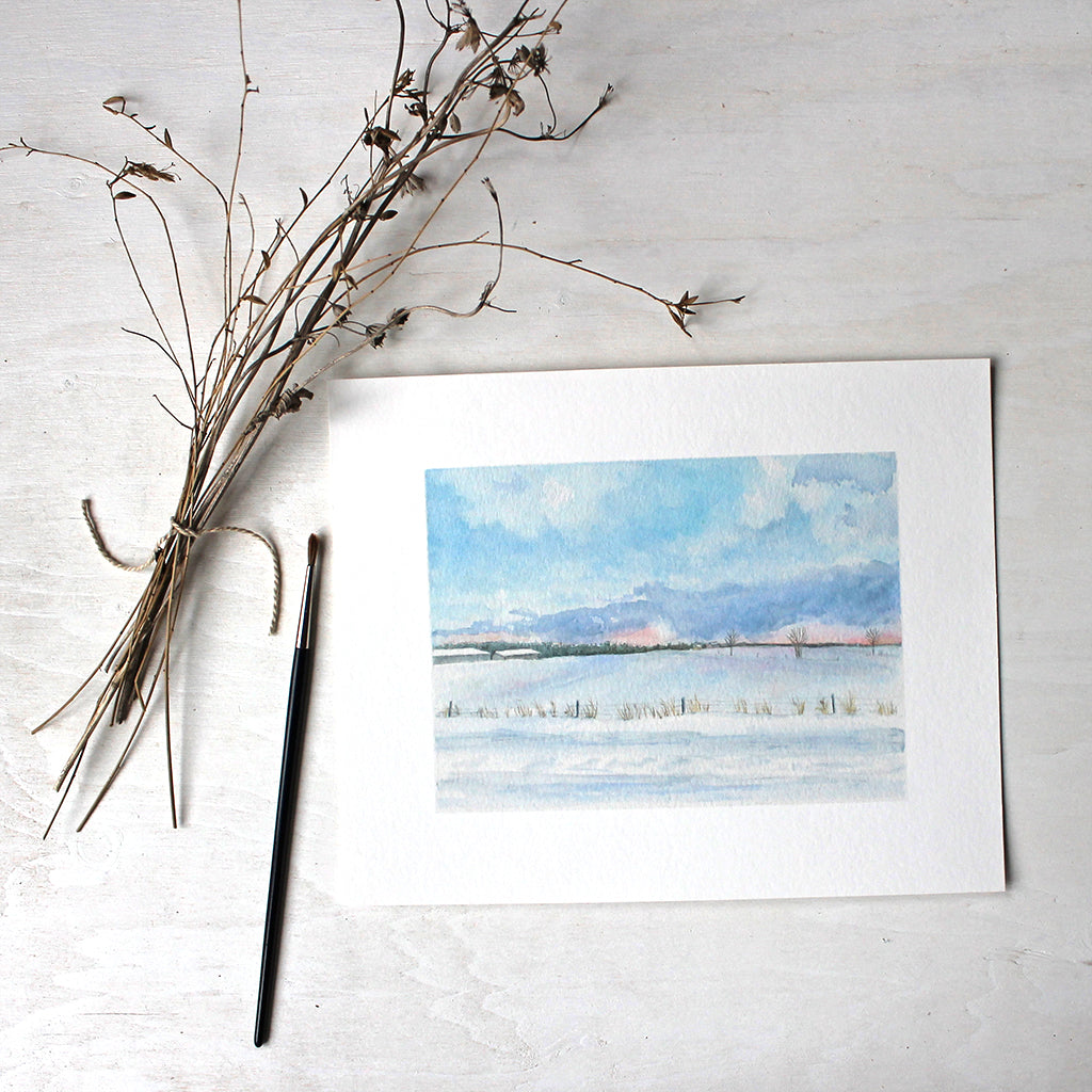 Peaceful Snowy Winter Landscape - 8 x 10 print - Watercolor by Kathleen Maunder