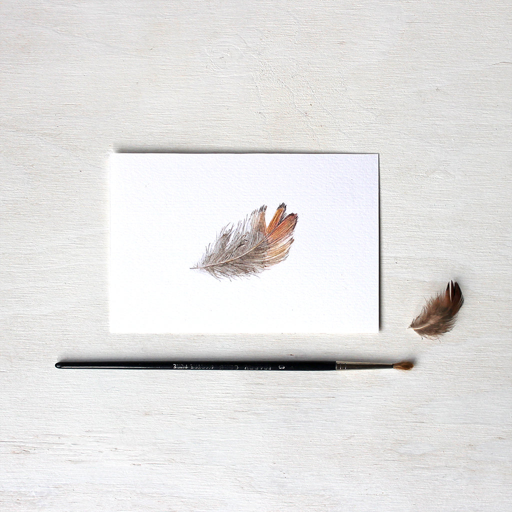 Print of a delicate brown and orange pheasant feather watercolor painting by Kathleen Maunder.