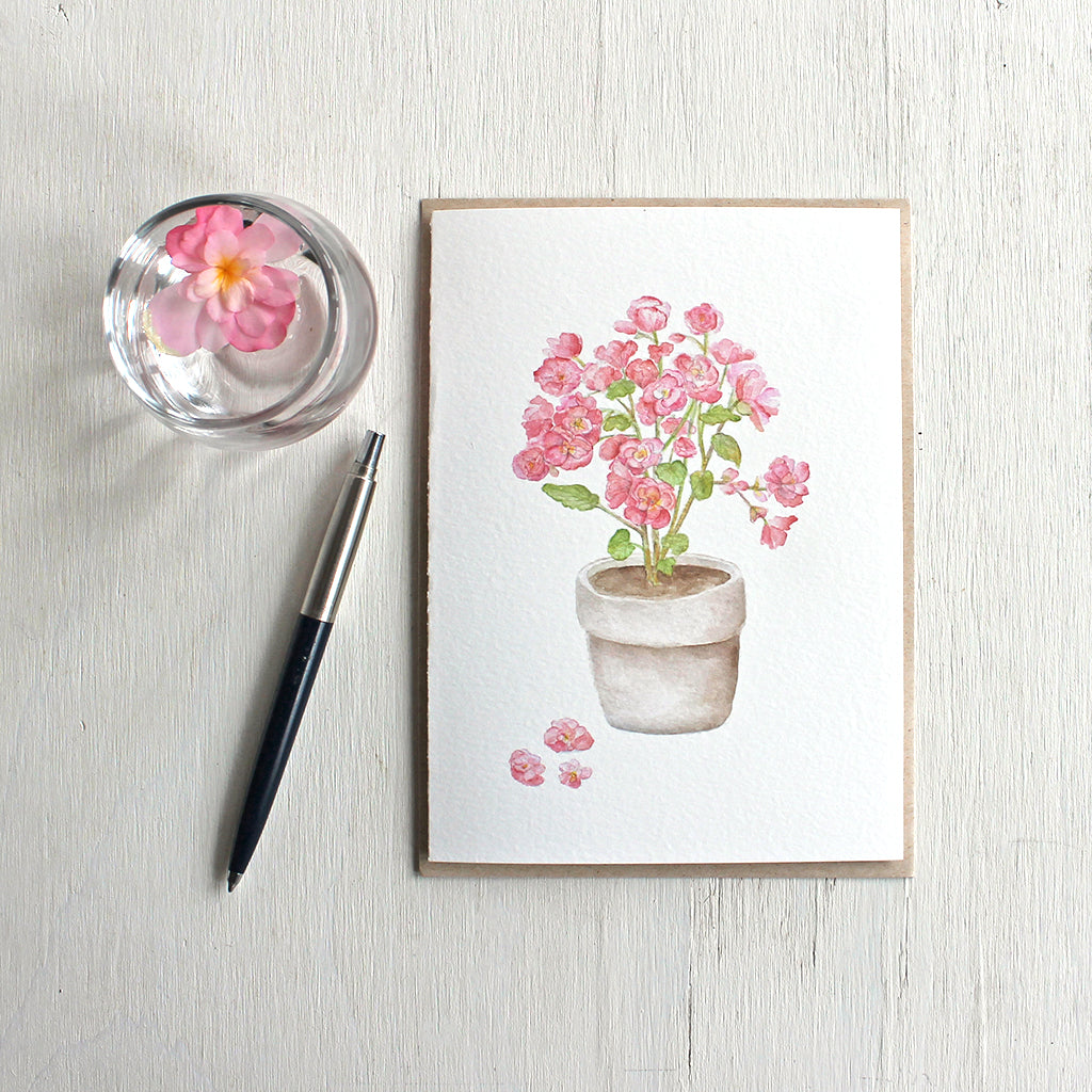 Pink begonia in a pot - Set of note cards based on a watercolour painting by Kathleen Maunder