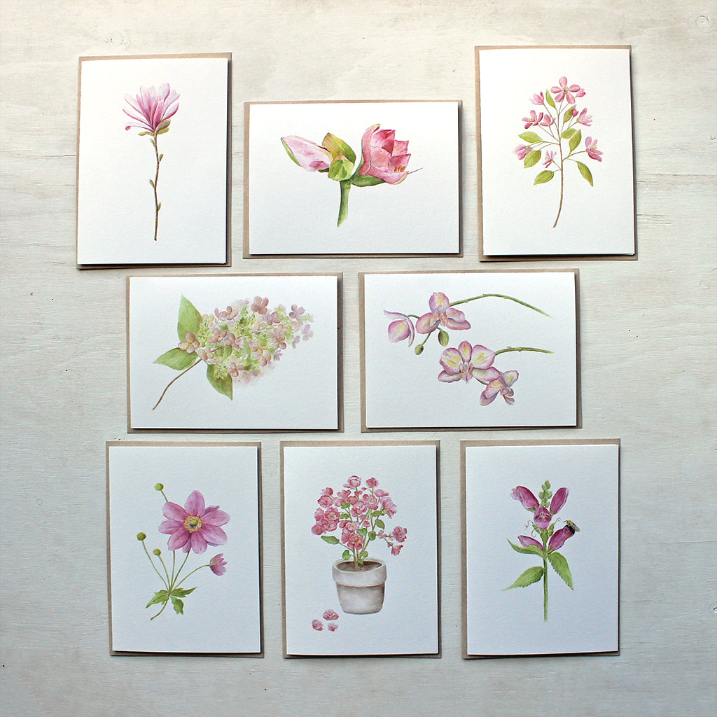 Pink floral note card assortment by watercolour artist Kathleen Maunder. Includes star magnolia, amaryllis, crabapple, hydrangea, orchids, anemone flower, begonia and turtlehead.