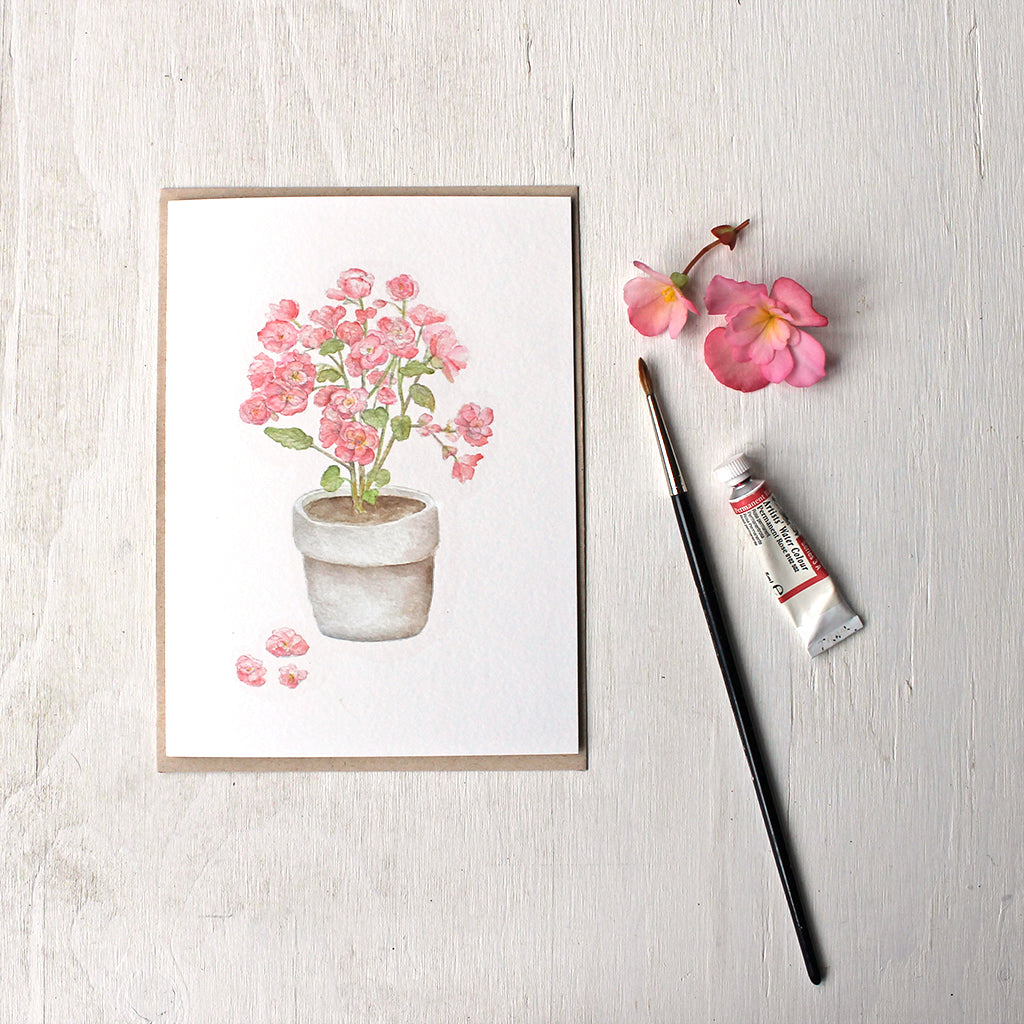 Pink begonia note card with kraft paper envelope - by watercolor artist Kathleen Maunder