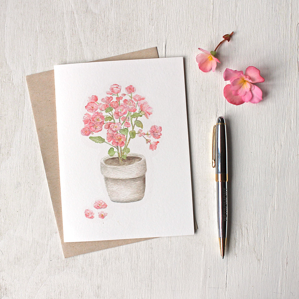 Pink begonia in a pot - Set of note cards based on a watercolor painting by Kathleen Maunder