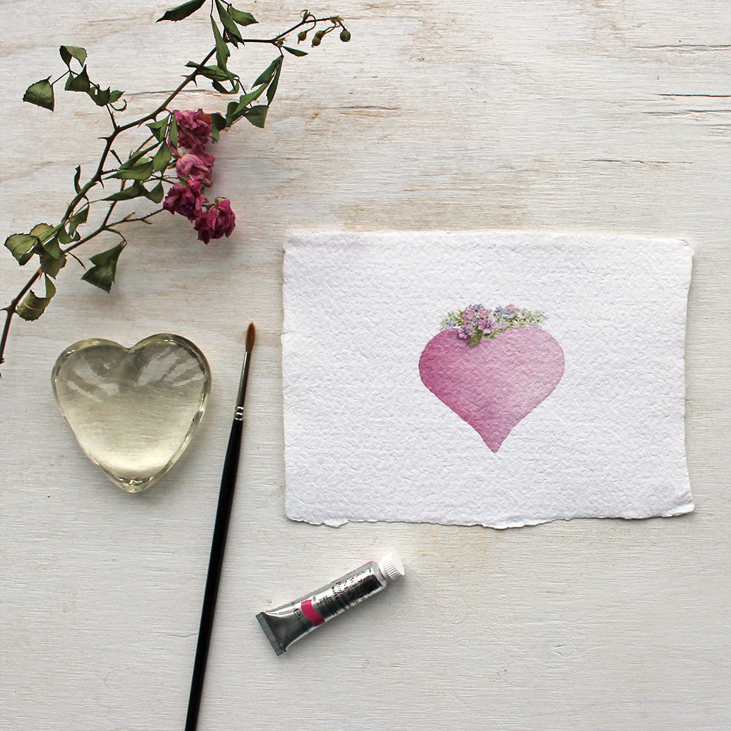 Pink heart watercolour print on handmade paper by Kathleen Maunder