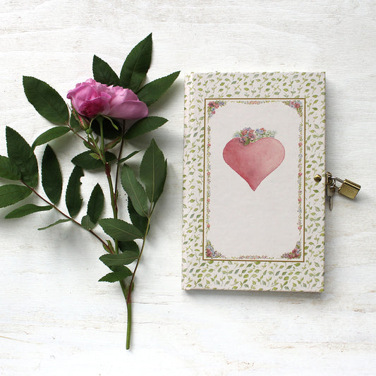 Pink Heart diary with lock and key. Featuring watercolor art by Kathleen Maunder.