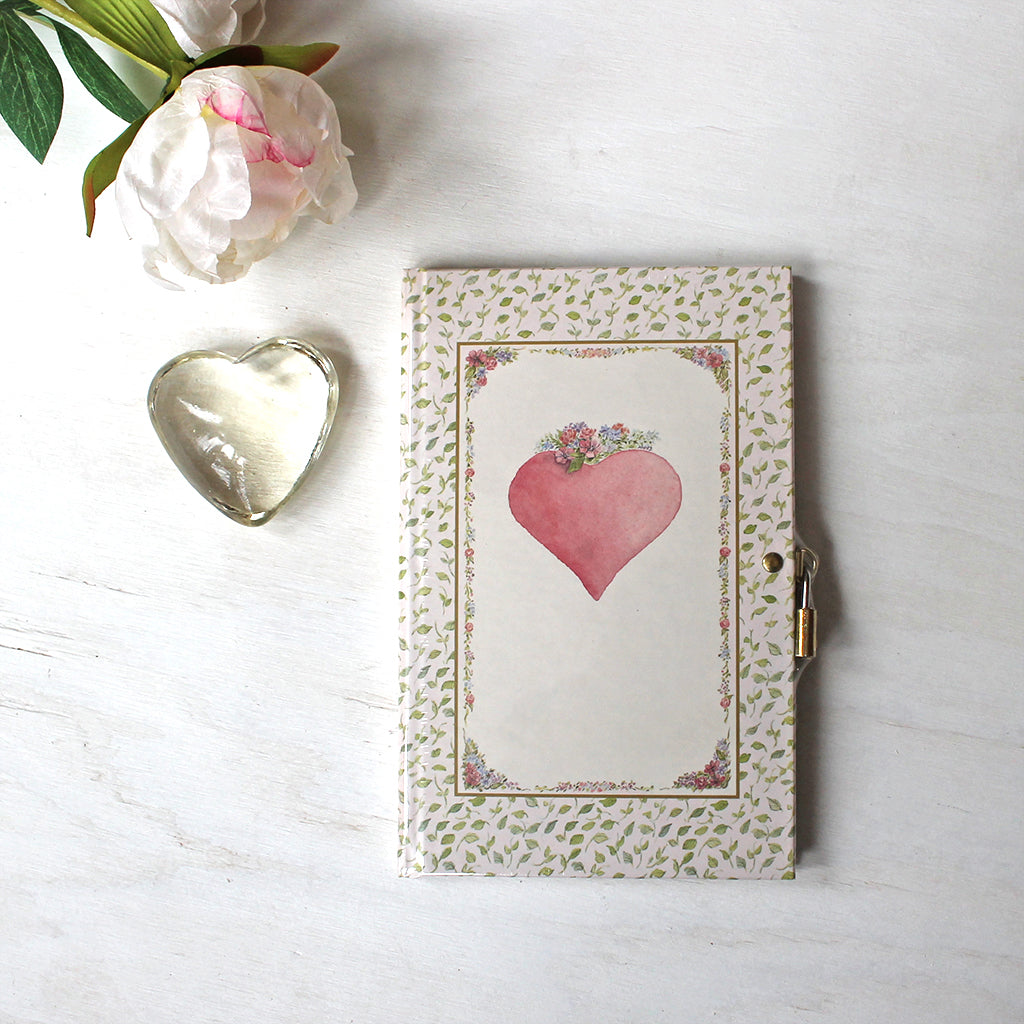Pink Heart diary with lock and key. Featuring watercolor art by Kathleen Maunder.