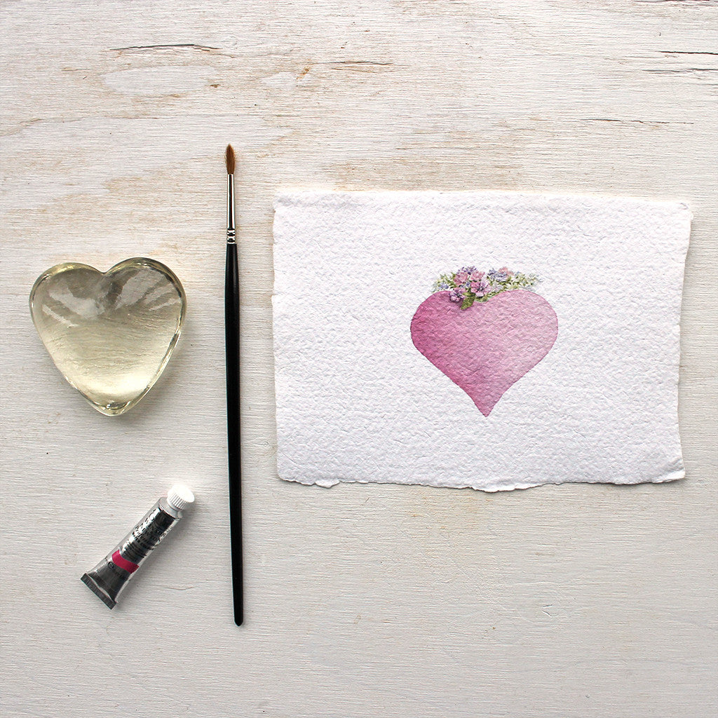 Pink heart watercolor print on handmade paper by Kathleen Maunder