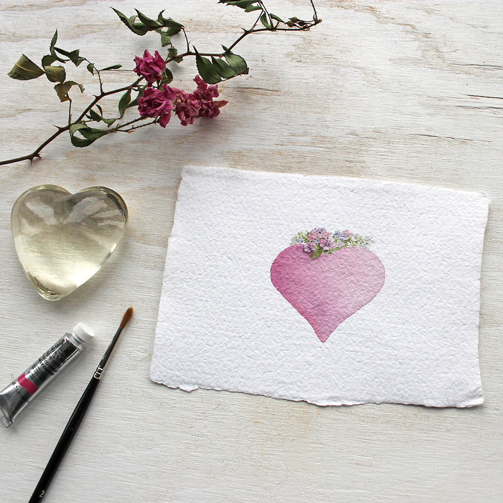 Pink heart watercolor painting printed on handmade paper by Kathleen Maunder