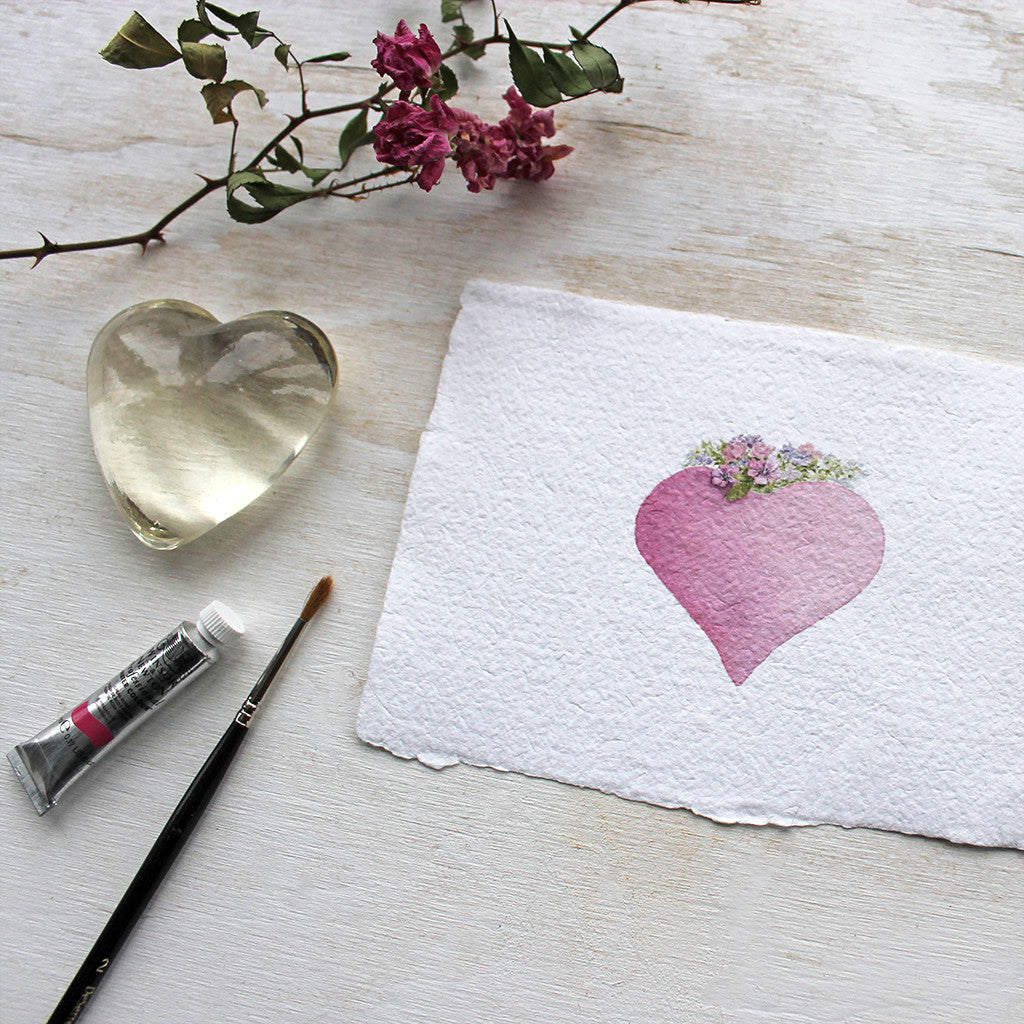 Pink heart watercolor print on handmade paper by Kathleen Maunder