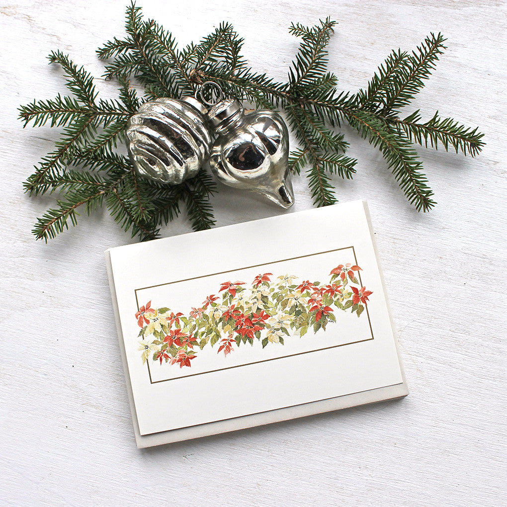 Poinsettias Holiday Card by watercolor artist Kathleen Maunder, trowelandpaintbrush