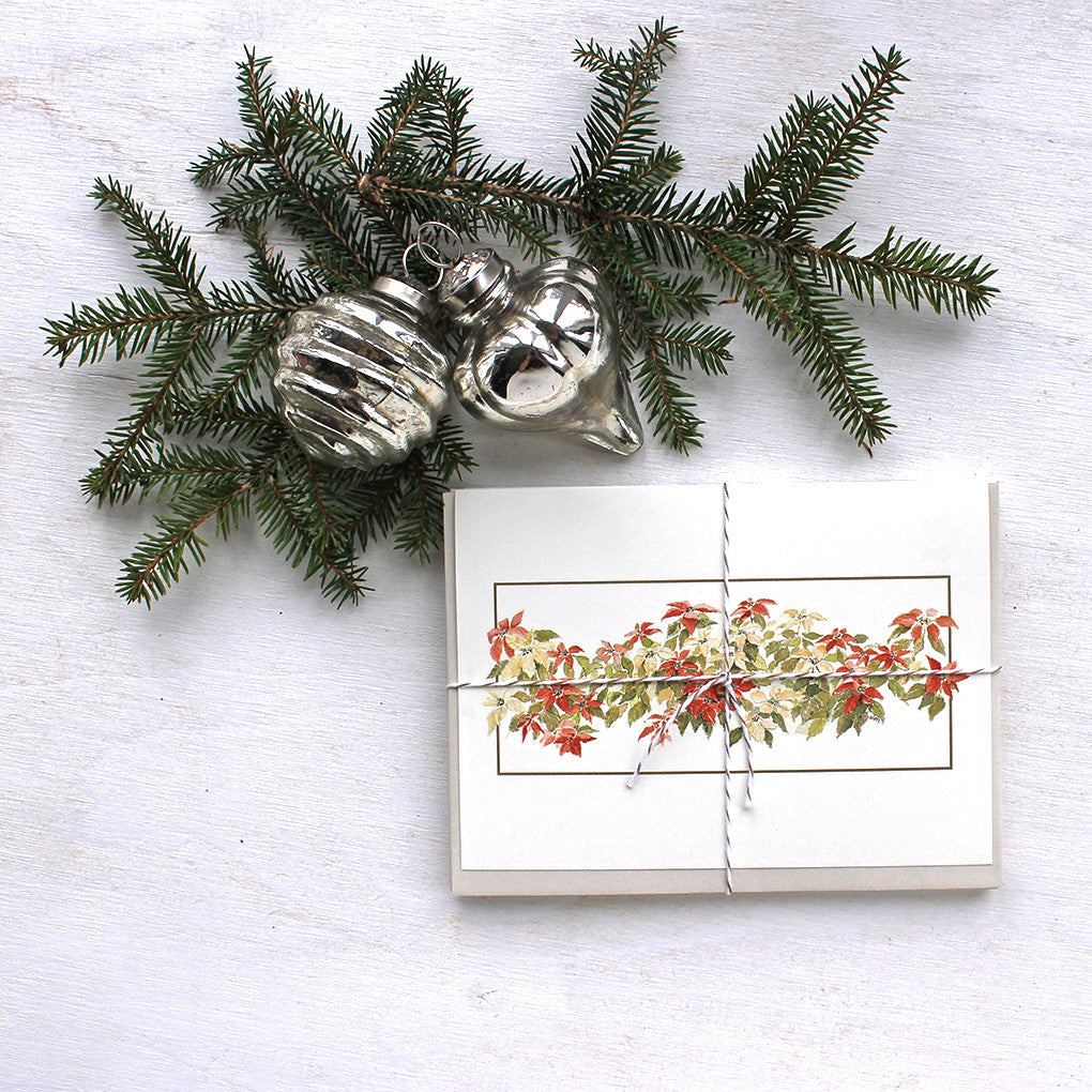 Poinsettias Holiday Card set by watercolor artist Kathleen Maunder, trowelandpaintbrush