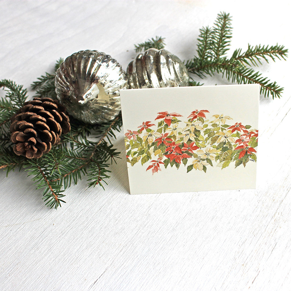 Poinsettias Holiday Gift Tag featuring a delicate watercolor painting of red and cream coloured poinsettia. Artist Kathleen Maunder.