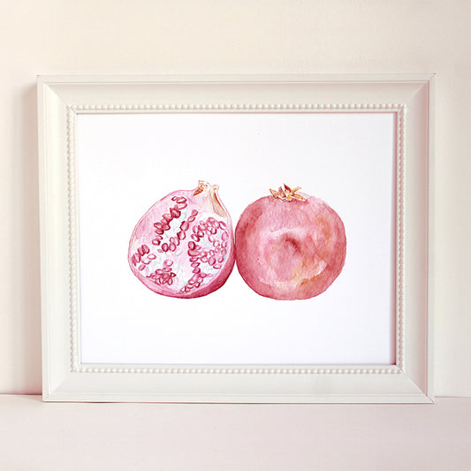 A watercolor art print of two beautiful pomegranates. Artist Kathleen Maunder.