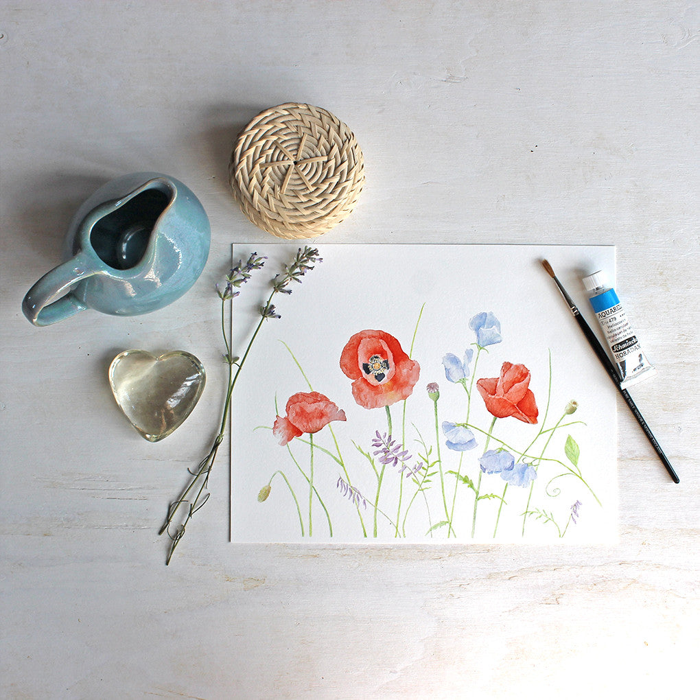 Poppy and Sweet Pea Print by watercolor artist Kathleen Maunder