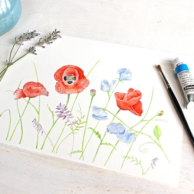 Red poppies and blue sweet peas - print of watercolor painting by artist Kathleen Maunder