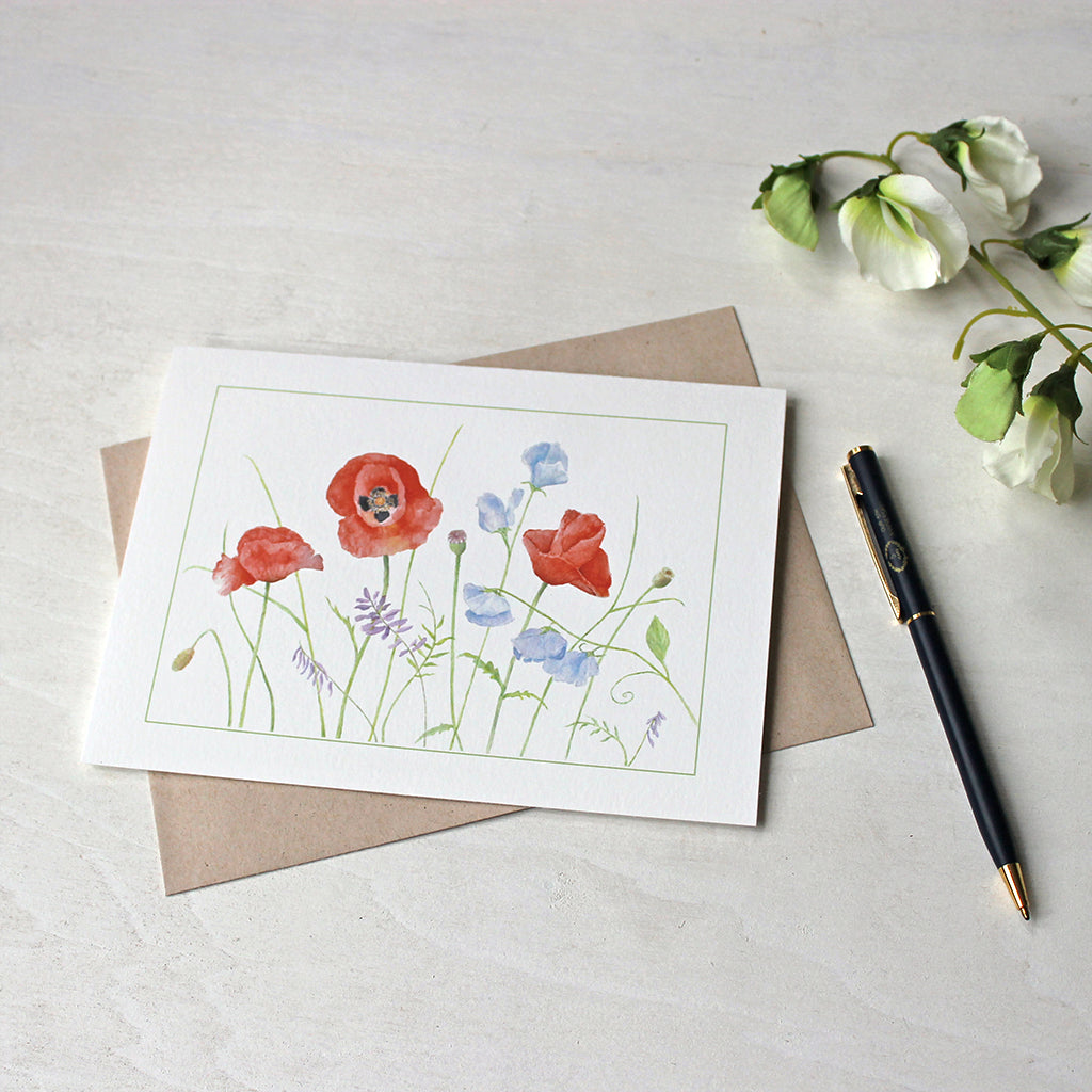 Poppy and Sweet Pea note card with accompanying kraft envelope. Watercolor painting by Kathleen Maunder.