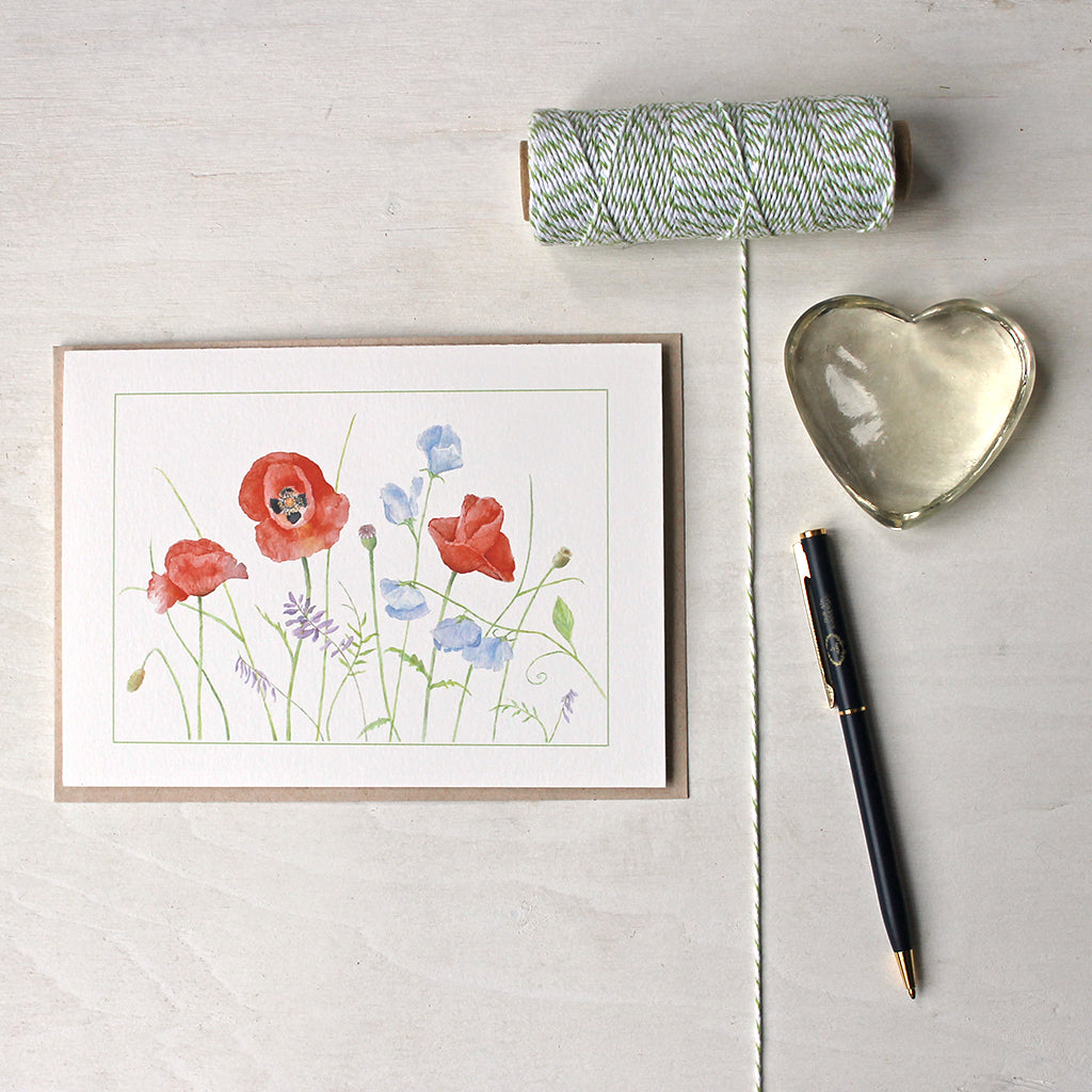 Botanical note cards featuring red poppies, blue sweet peas and purple vetch by Kathleen Maunder