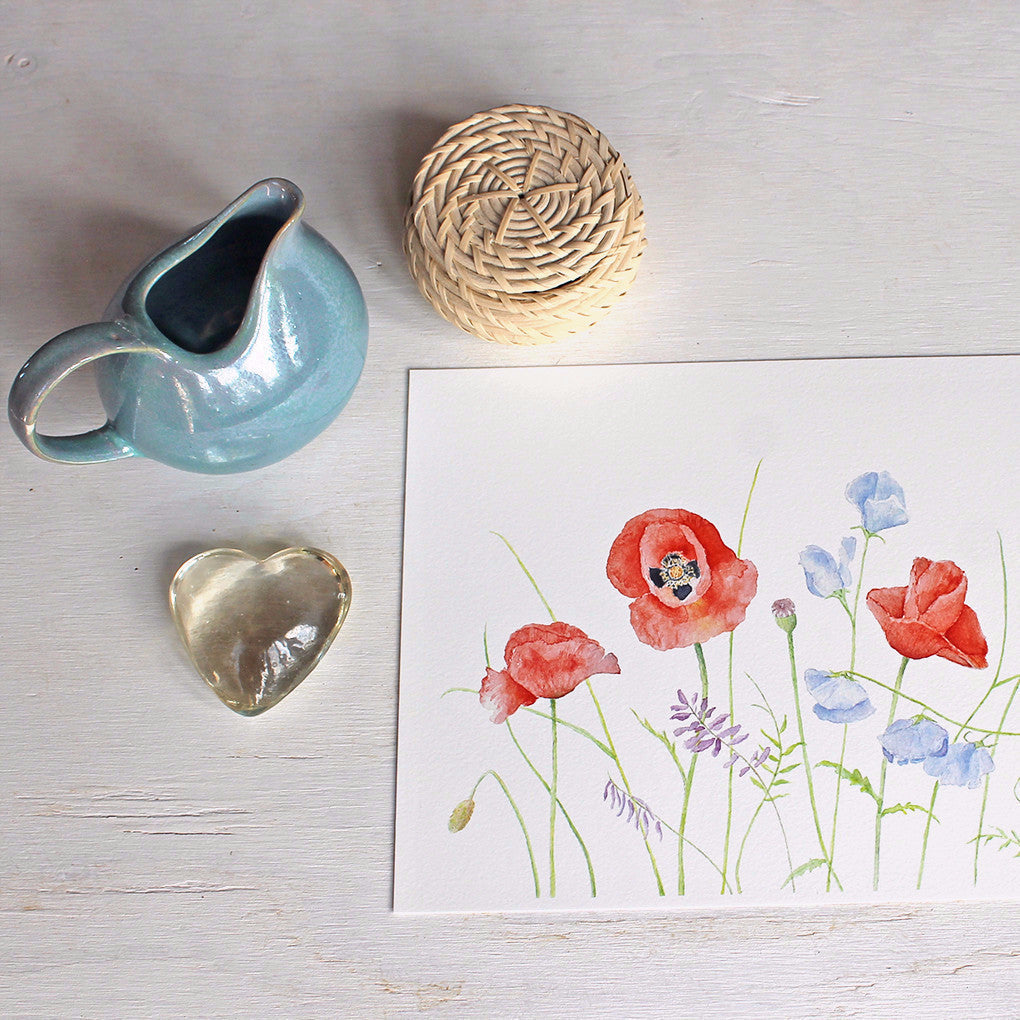 Poppy and Sweet Pea Print by watercolor artist Kathleen Maunder