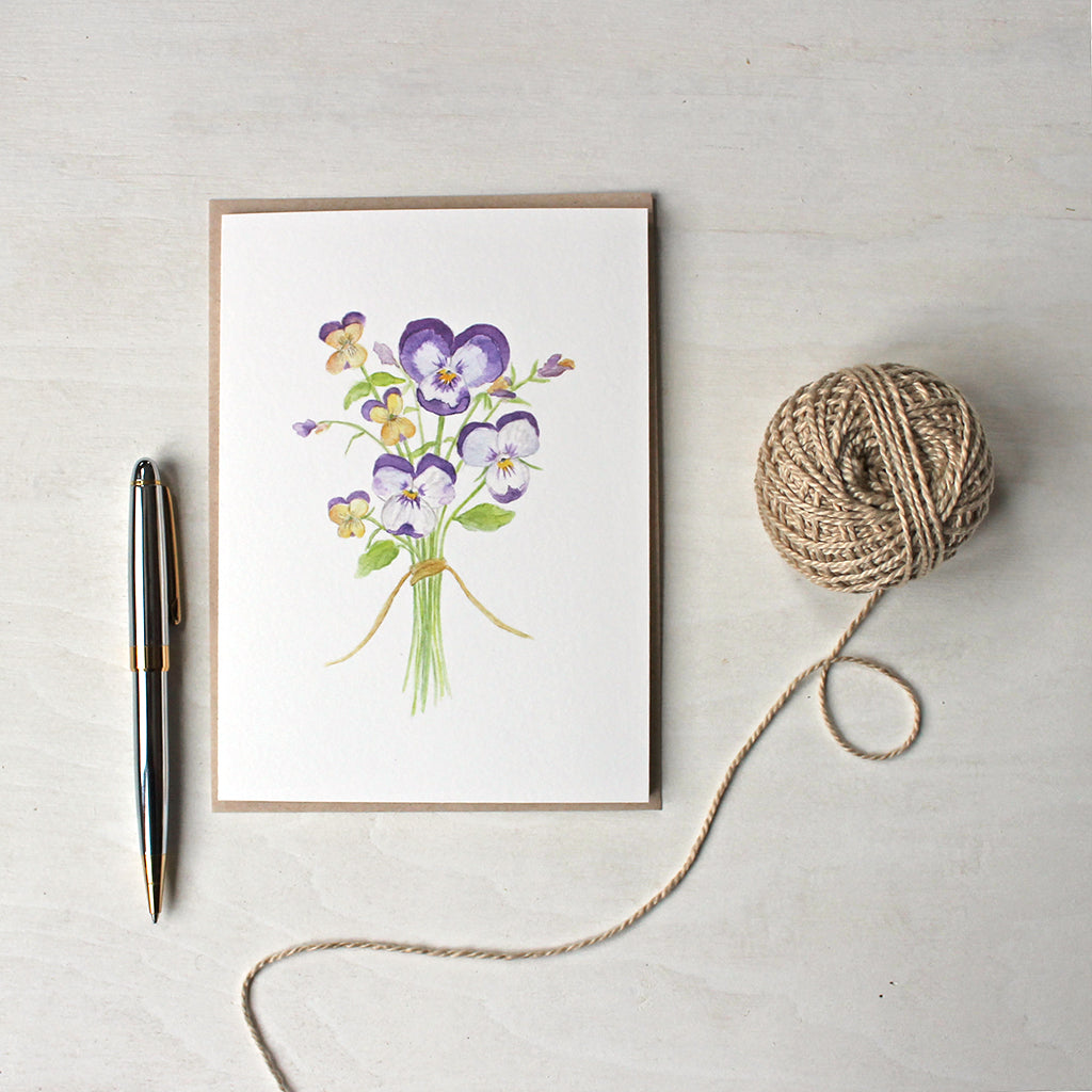 Botanical note cards featuring a watercolour of a posy of pansies and violas by Kathleen Maunder
