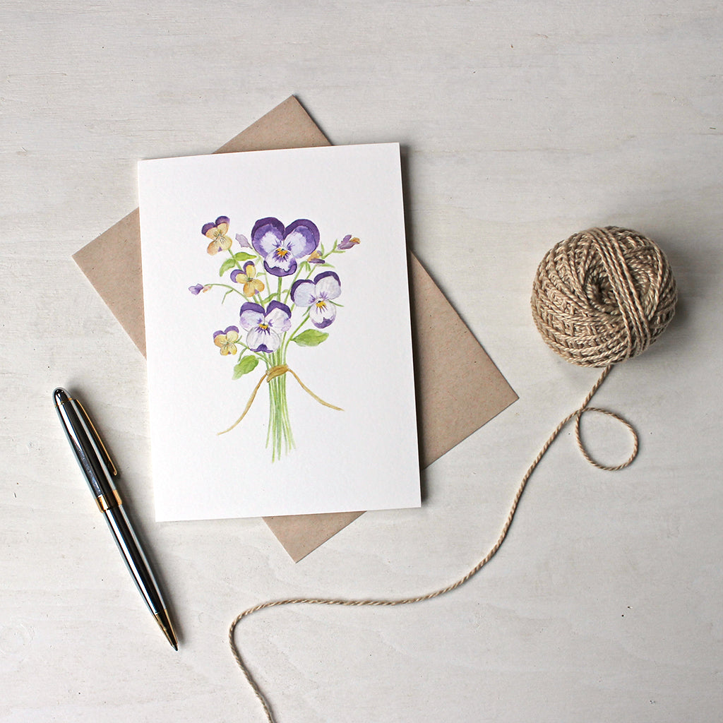 Note cards featuring a watercolor painting of a posy of pansies and violas by Kathleen Maunder