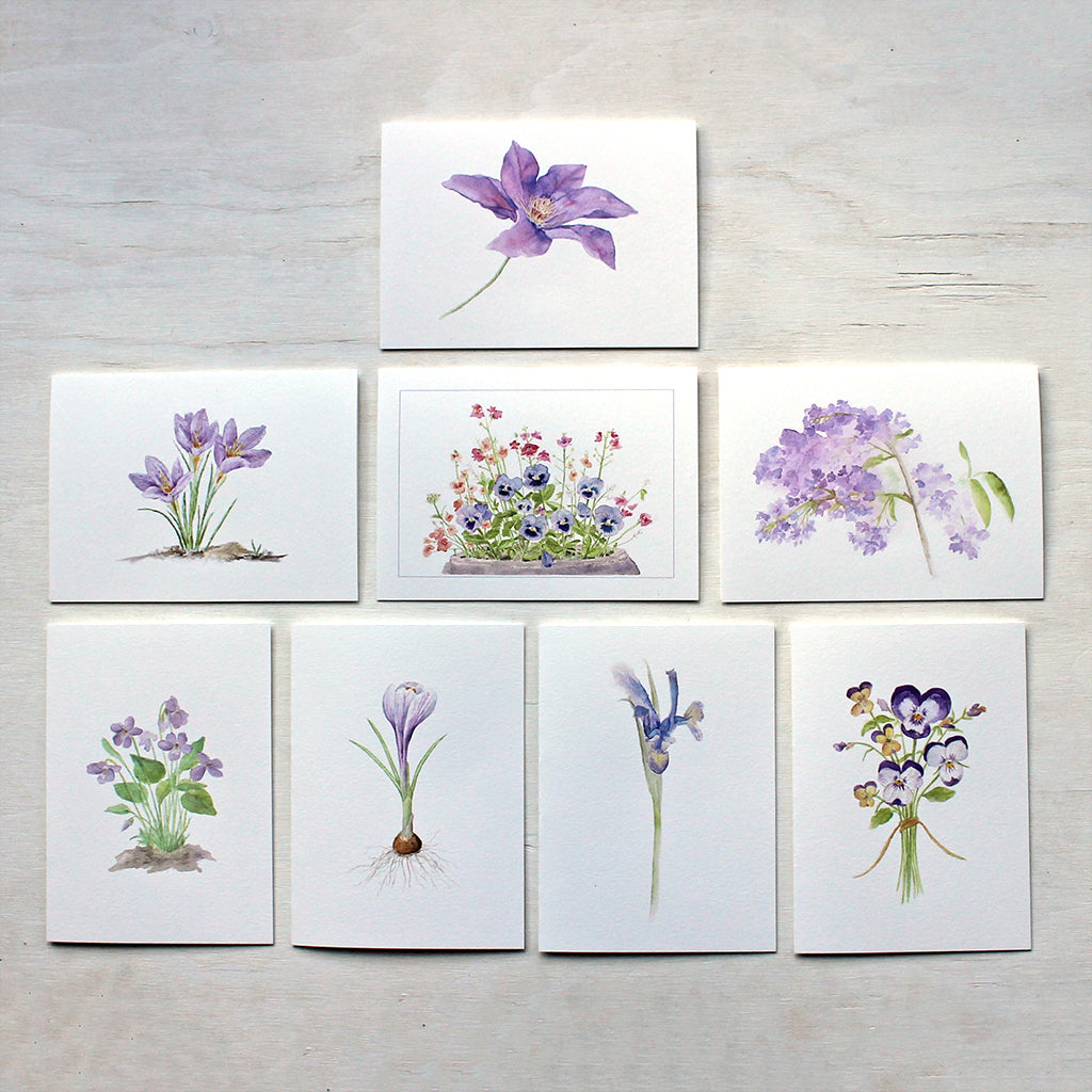 Floral assortment featuring purple flowers in watercolor. Artist Kathleen Maunder.